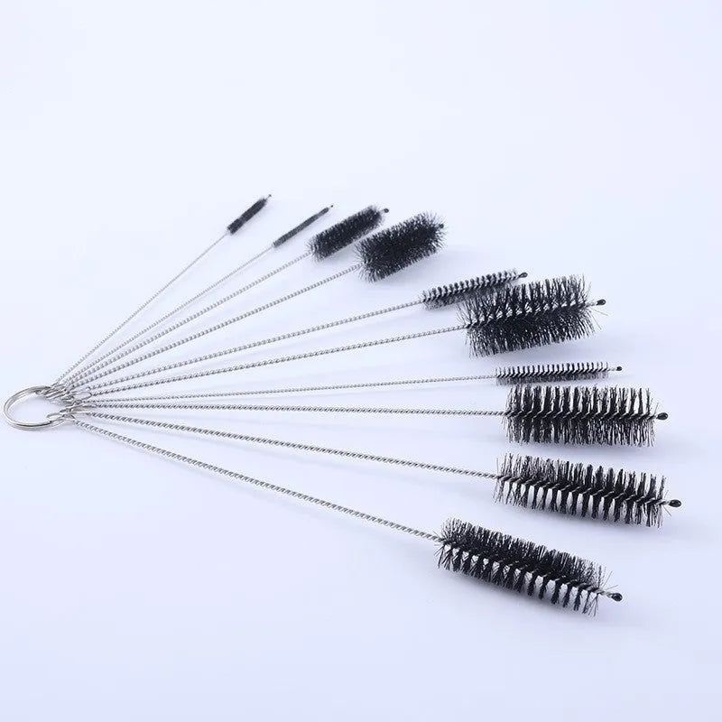 Nylon cleaning brush set with stainless steel handle for reusable straws, black and white options