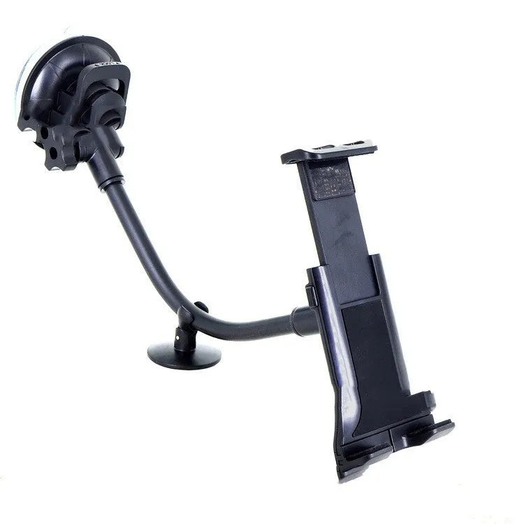 Black vehicle-mounted tablet holder with suction cup for 4-12 inch devices.