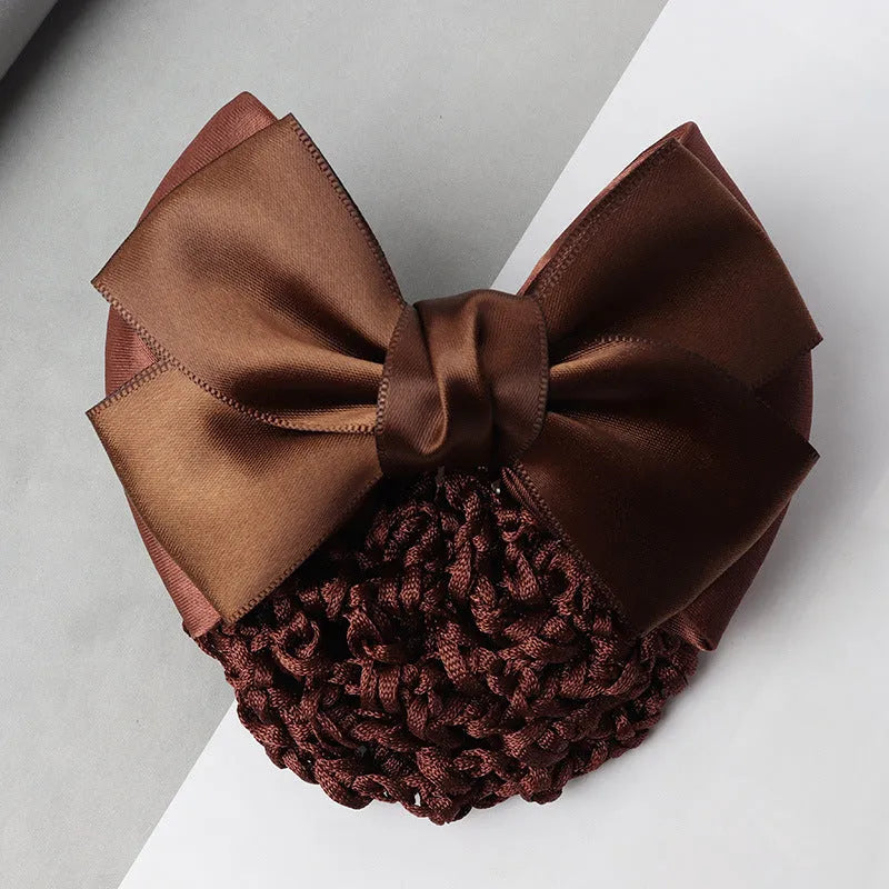 Professional hair clip headdress with flower bow net pocket in multiple colour variations