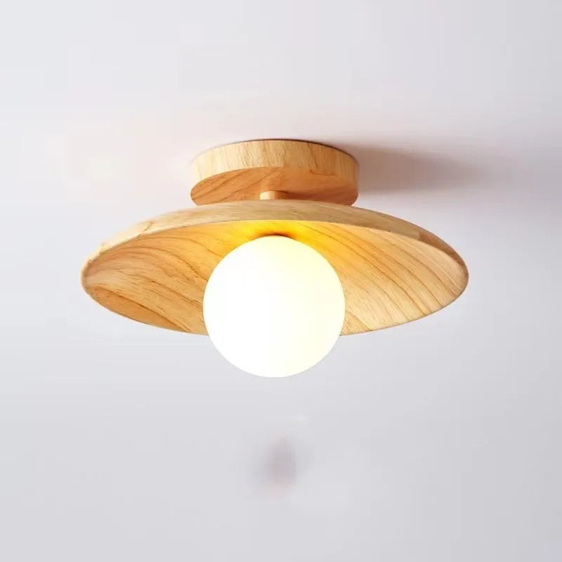 Japanese-style solid wood ceiling lamp in walnut finish with circular shade, 28cm diameter, mounted on ceiling