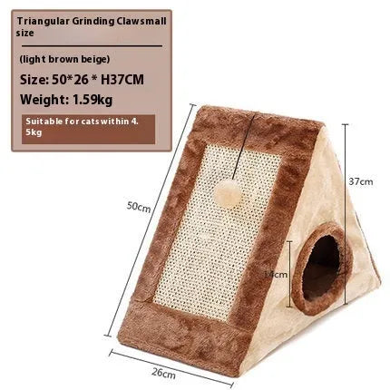 Triangular cat bed with integrated sisal scratching posts in grey and white colour