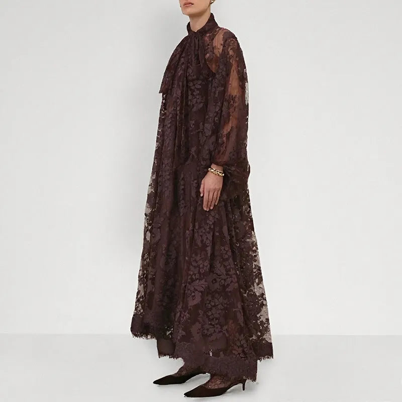 Women's hollow jacquard sling lace see-through ribbon dress, brown, with A-line skirt and lantern sleeves