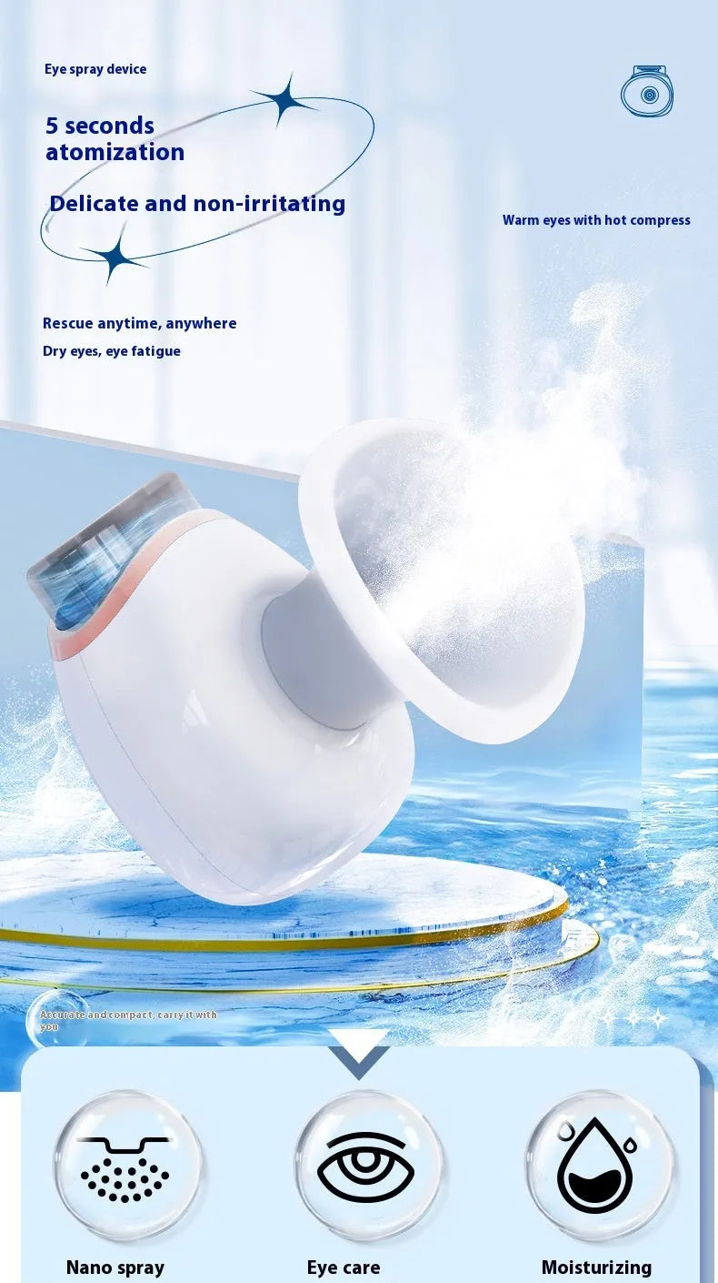 White and purple household eye humidifier with USB charging cable on wooden surface