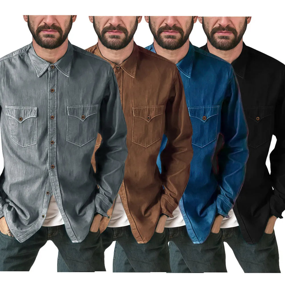 Men's regular fit denim cardigan coat in khaki, black, blue, or grey.