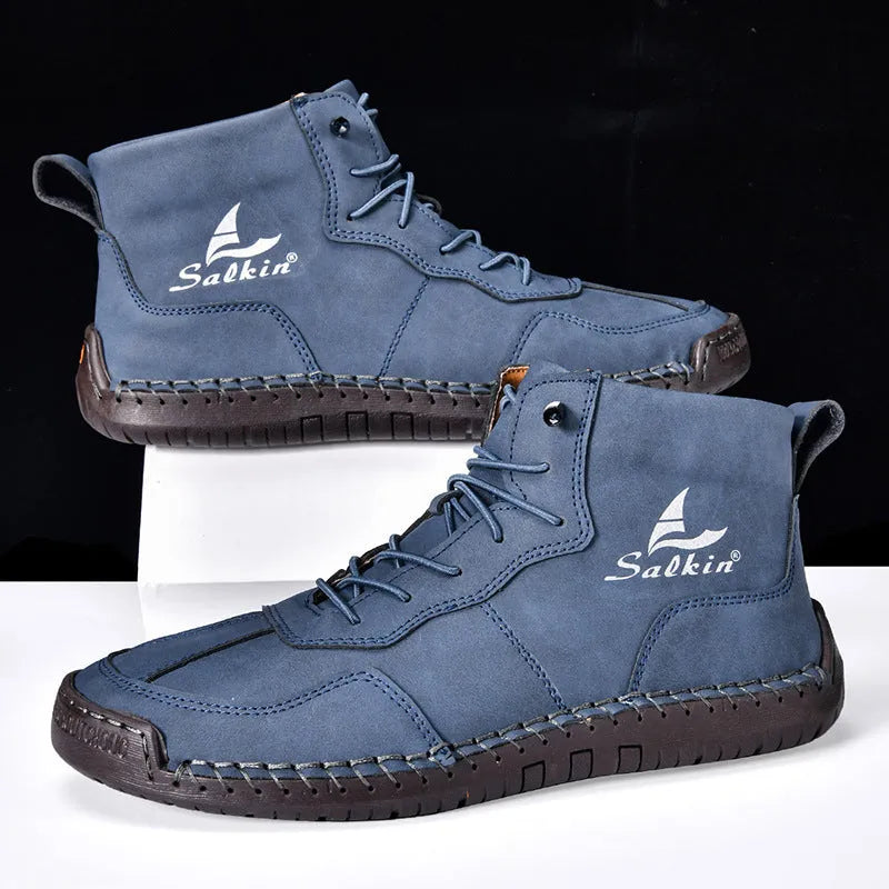 Men's retro-style high-top casual boots in frosted PU leather with elastic band closure and round toe.
