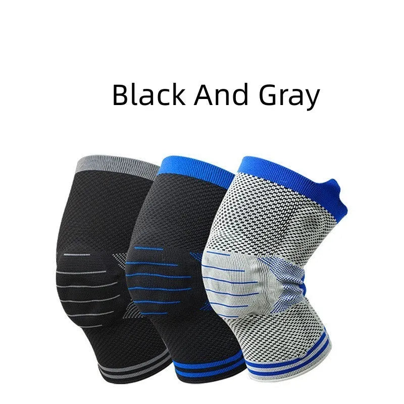 Cotton knee pad with silicone massage spring bar shock absorber in black and gray colour.