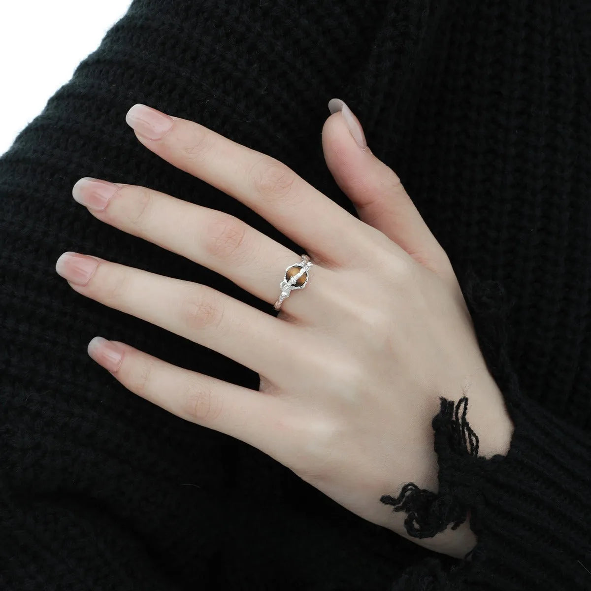 Silver Saturn tigereye open ring with adjustable opening, electroplated white gold colour finish