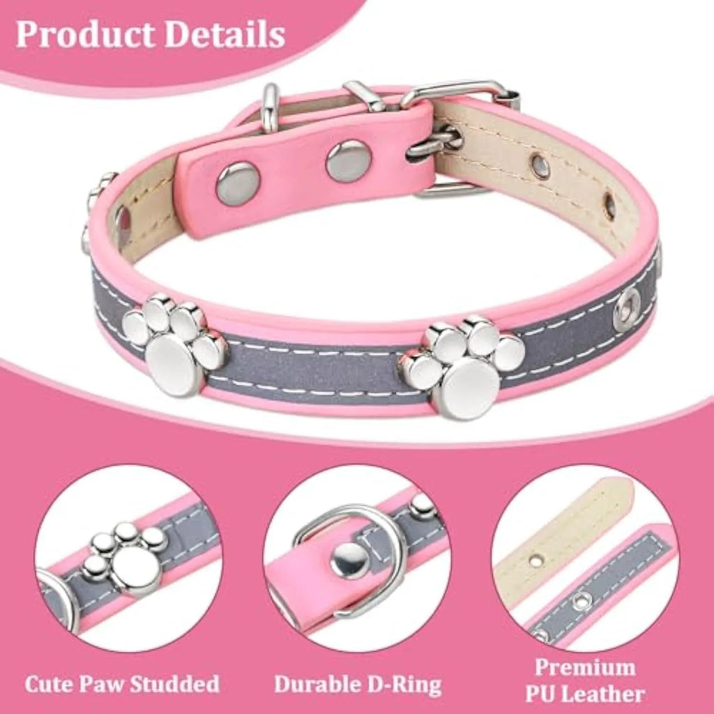 Reflective adjustable PU leather dog collar with metal paw rivet, shown on a size chart for S, M, L, XL, XXL.