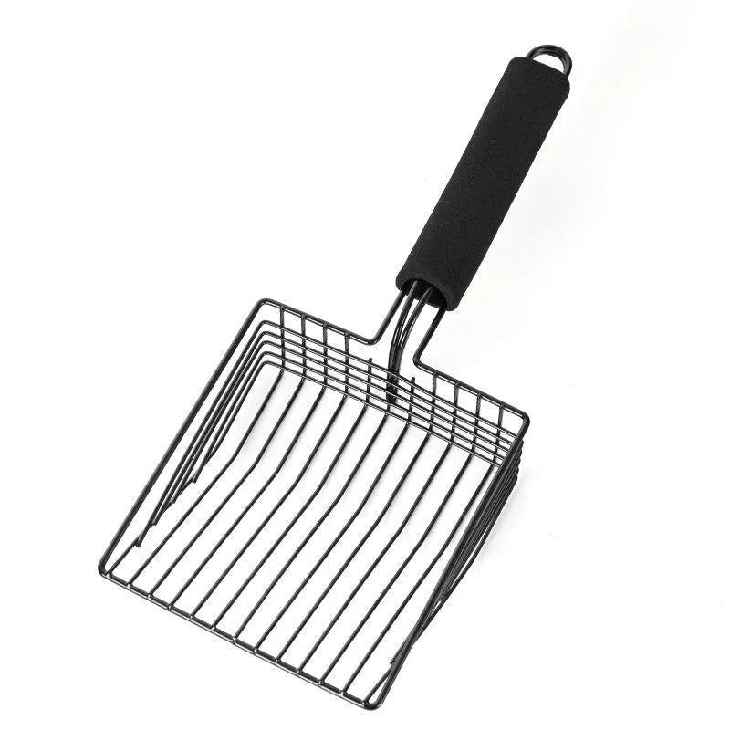 Black metal cat litter scoop with narrow tine spacing for efficient waste removal from litter trays