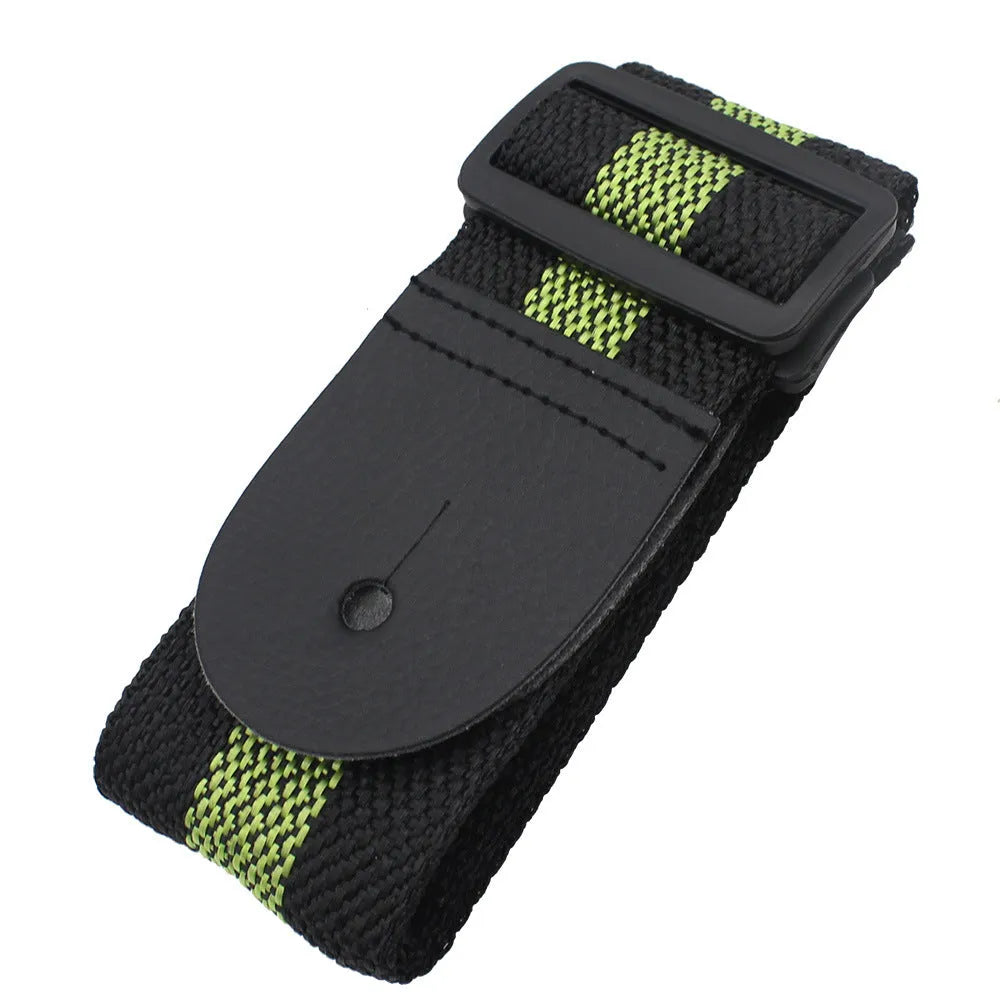Woven crossbody guitar strap in Army Green colour, showing adjustable buckle and end fittings.