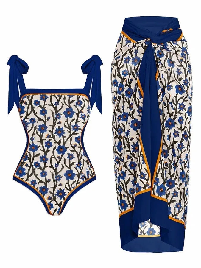 Women's floral print chiffon swimsuit two-piece set with matching hip skirt