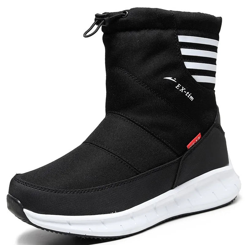 Men's waterproof snow boots with fleece lining, canvas upper, side zipper, and mid heel in multiple winter colours