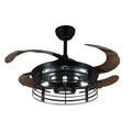 Industrial retro ceiling fan lamp with integrated light and acrylic blades, remote control included.