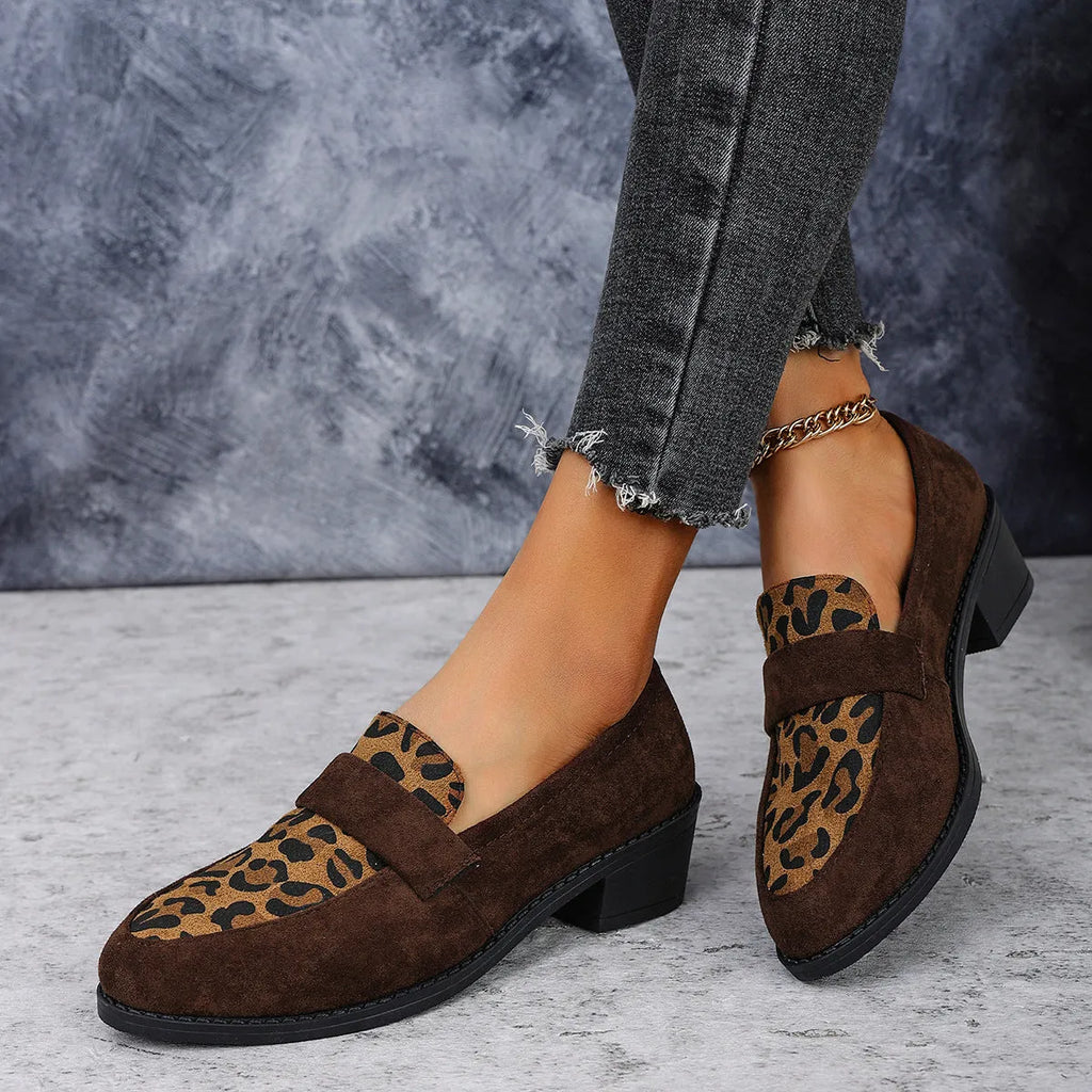 Leopard print slip-on suede shoes with a chunky heel and pointed toe in pink colour