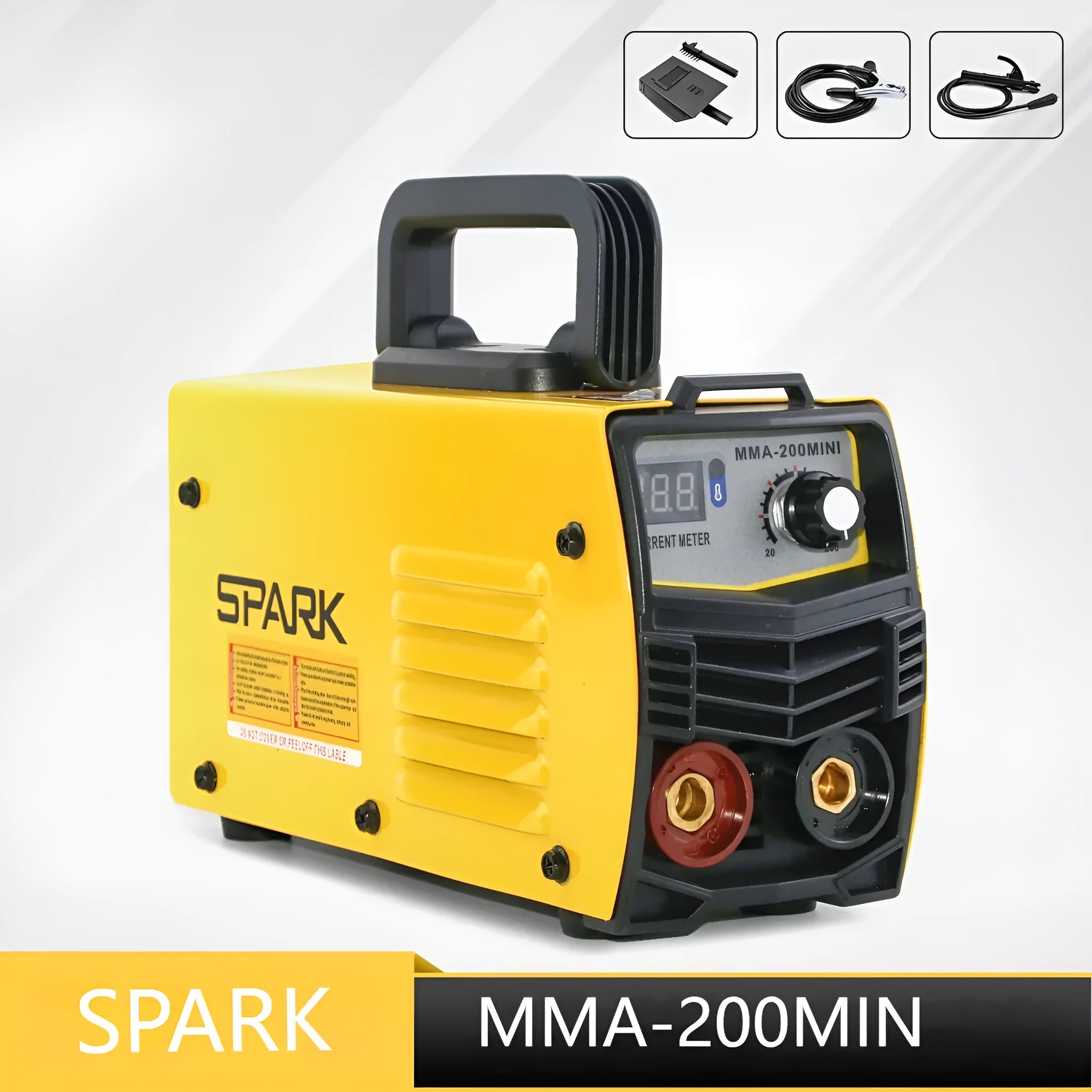 MMA-200MIN portable 220V DC inverter welding machine with tongs, clamp, shield, and brush.