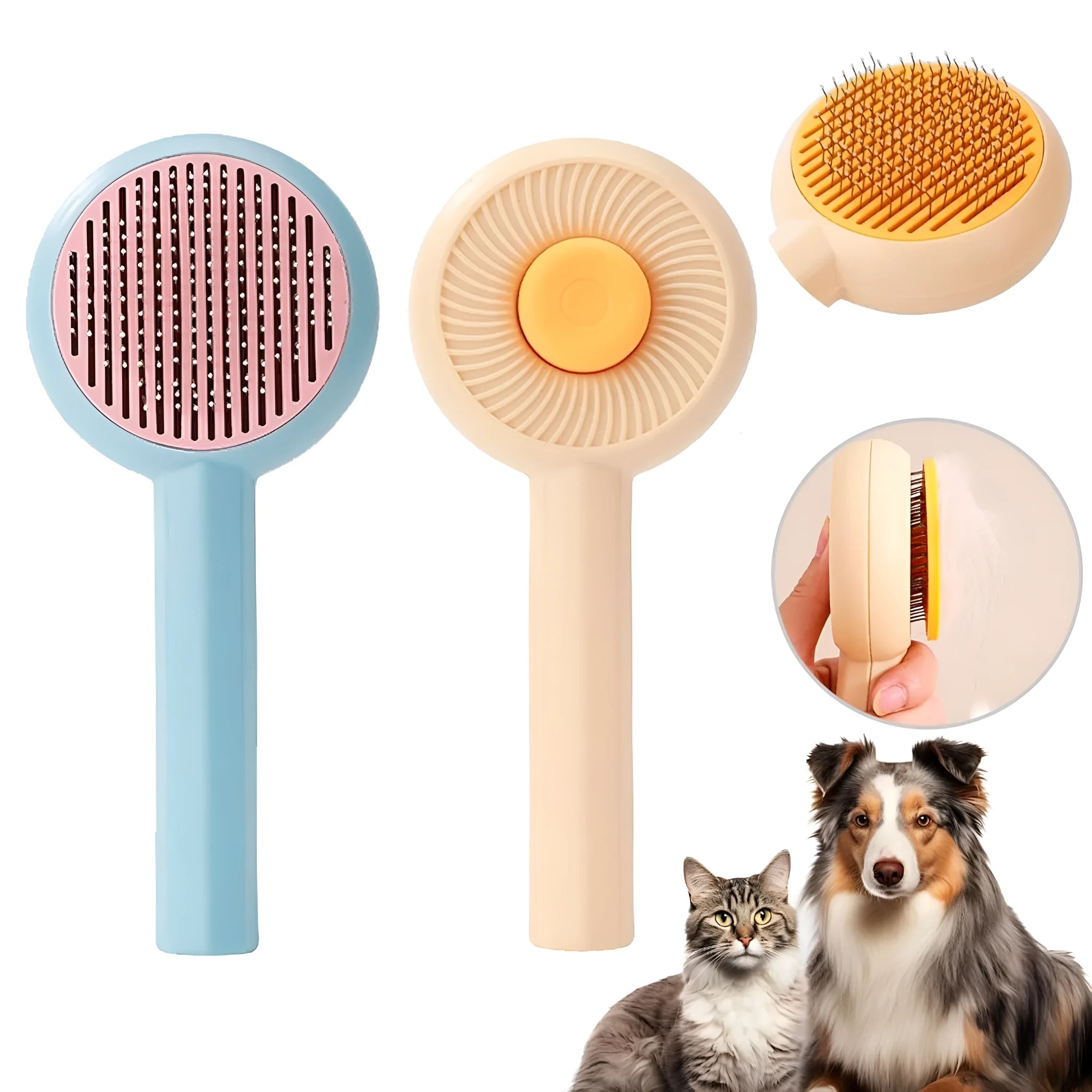 Blue pet grooming brush with self-cleaning button and angled wire needles for cats and dogs