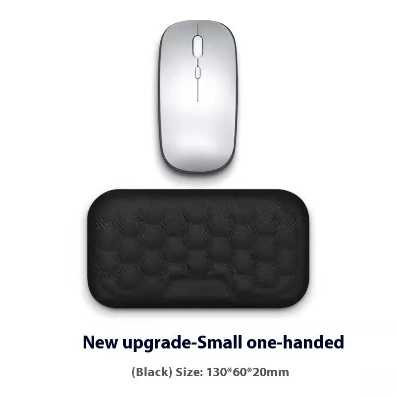 Grey and black memory foam mouse wrist pads with silicone bases, shown in cloth and leather cover options.