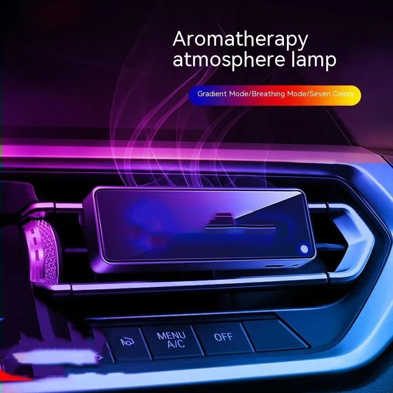 Black automobile aromatherapy air outlet ambience light with LED display and fragrance stick