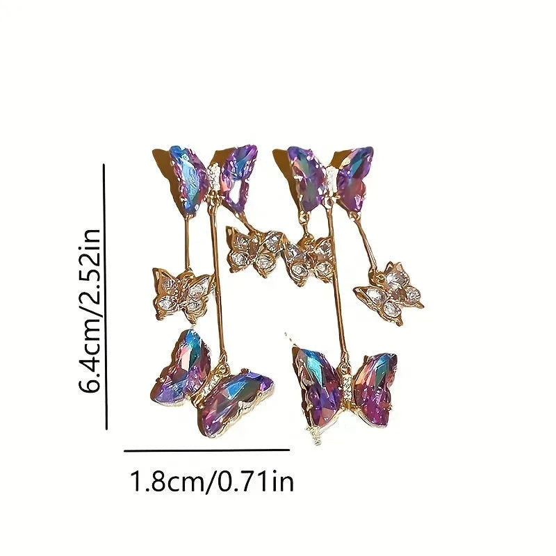 Silver needle blue purple butterfly crystal flower tassel earrings with electroplated alloy construction