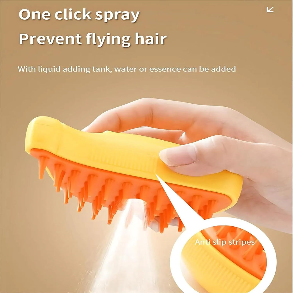 Green rechargeable 3-in-1 cat steam brush with silicone teeth for grooming and massage.