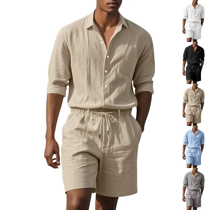 Linen long sleeve shirt and matching shorts beach set in light blue, laid flat.