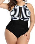 Women's black, red flower, and striped polyester lace one-piece swimsuit for European and American sizing.