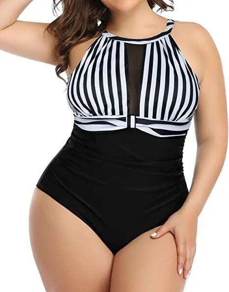 Women's black, red flower, and striped polyester lace one-piece swimsuit for European and American sizing.