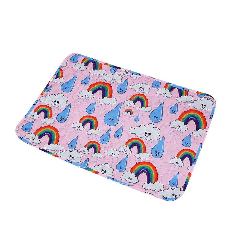 Reusable washable pet urine pad with animal print design, showing non-slip backing and cloth material.