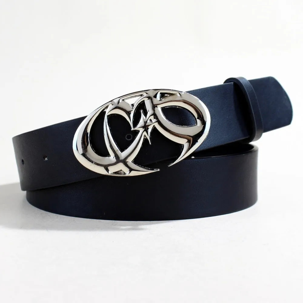 Silver buckle on a 3.3cm wide, 105cm long PU leather casual belt with snap button.