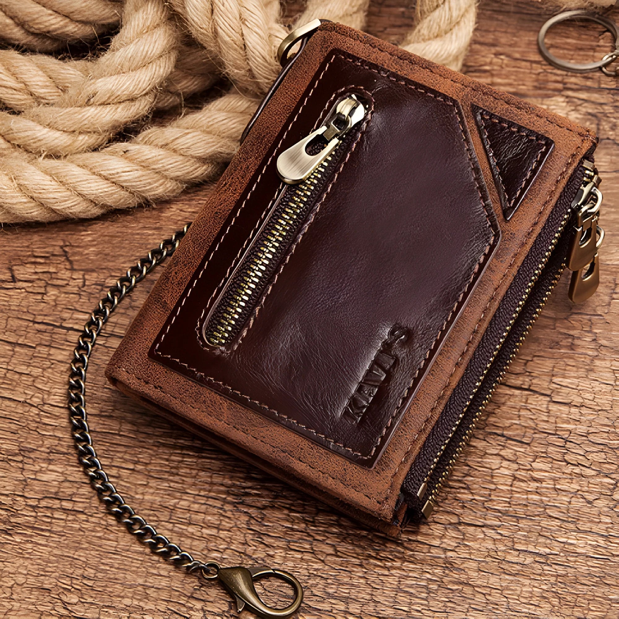 Dark brown men's RFID blocking leather wallet with chain detailing and card organisation