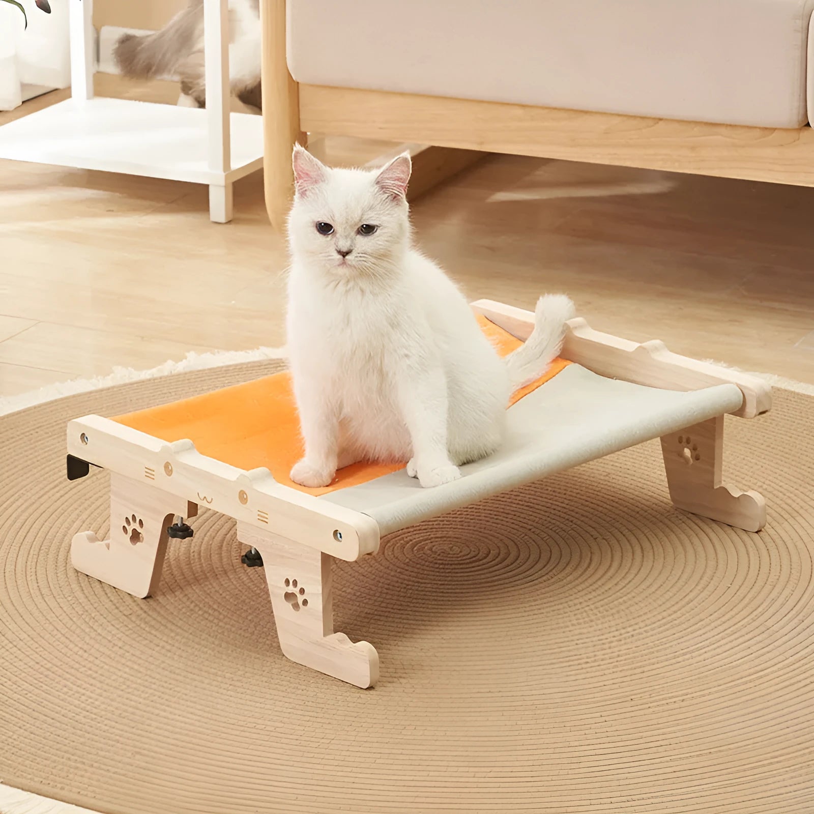Wooden cat hanging bed mounted to window with seven style variations for balcony or bedside use