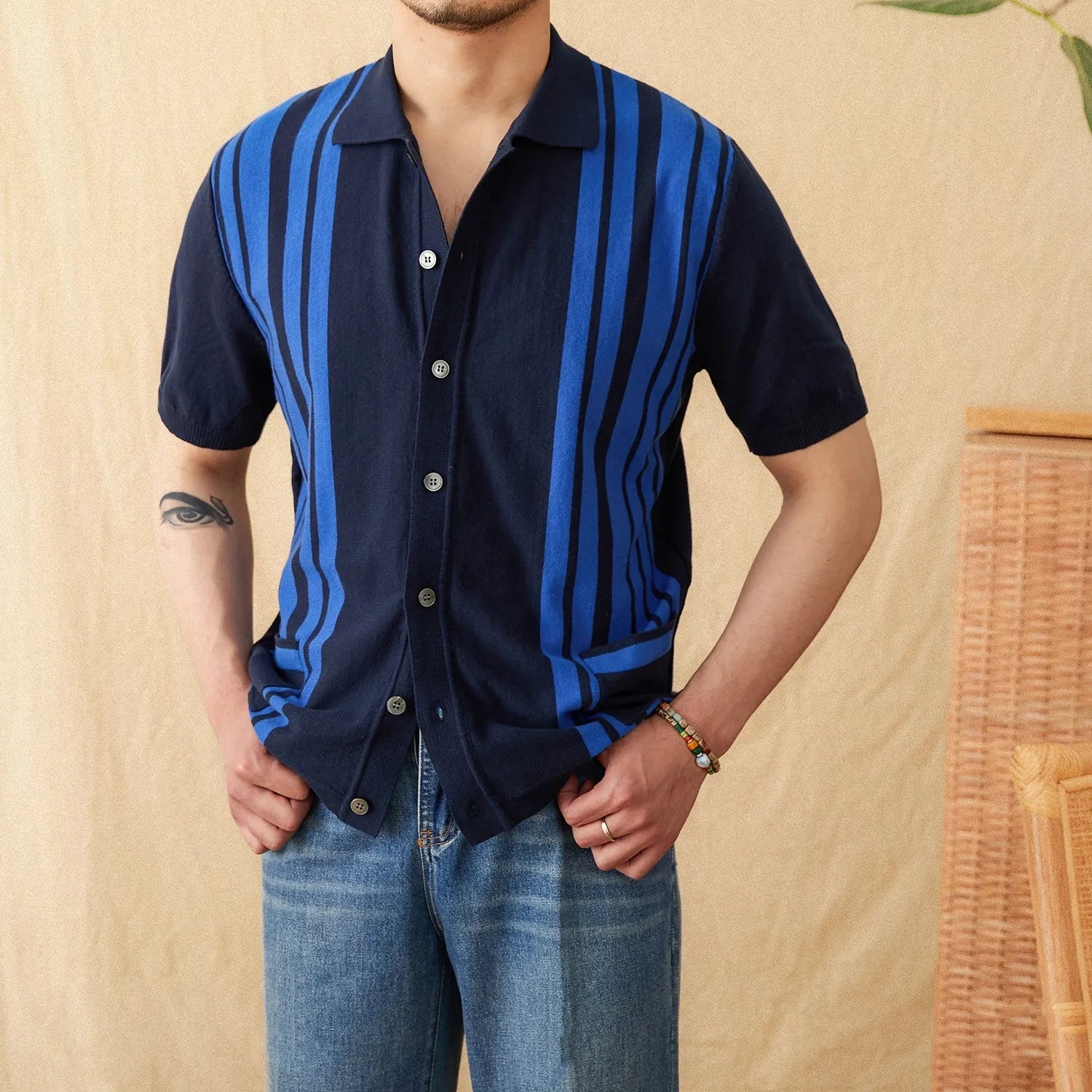 Men's short-sleeve striped knit cardigan polo shirt with lapel collar in light blue
