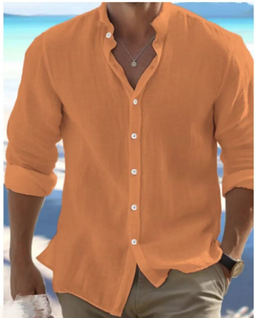 Men's white linen button-up summer beach shirt with collar on a hanger.