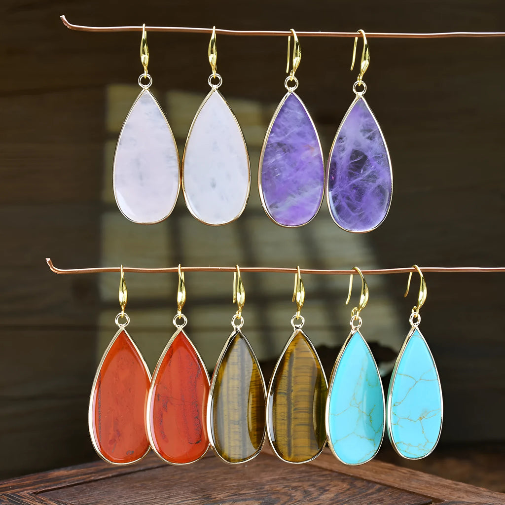 Vintage long water drop earrings handcrafted from Tigereye stone with retro design