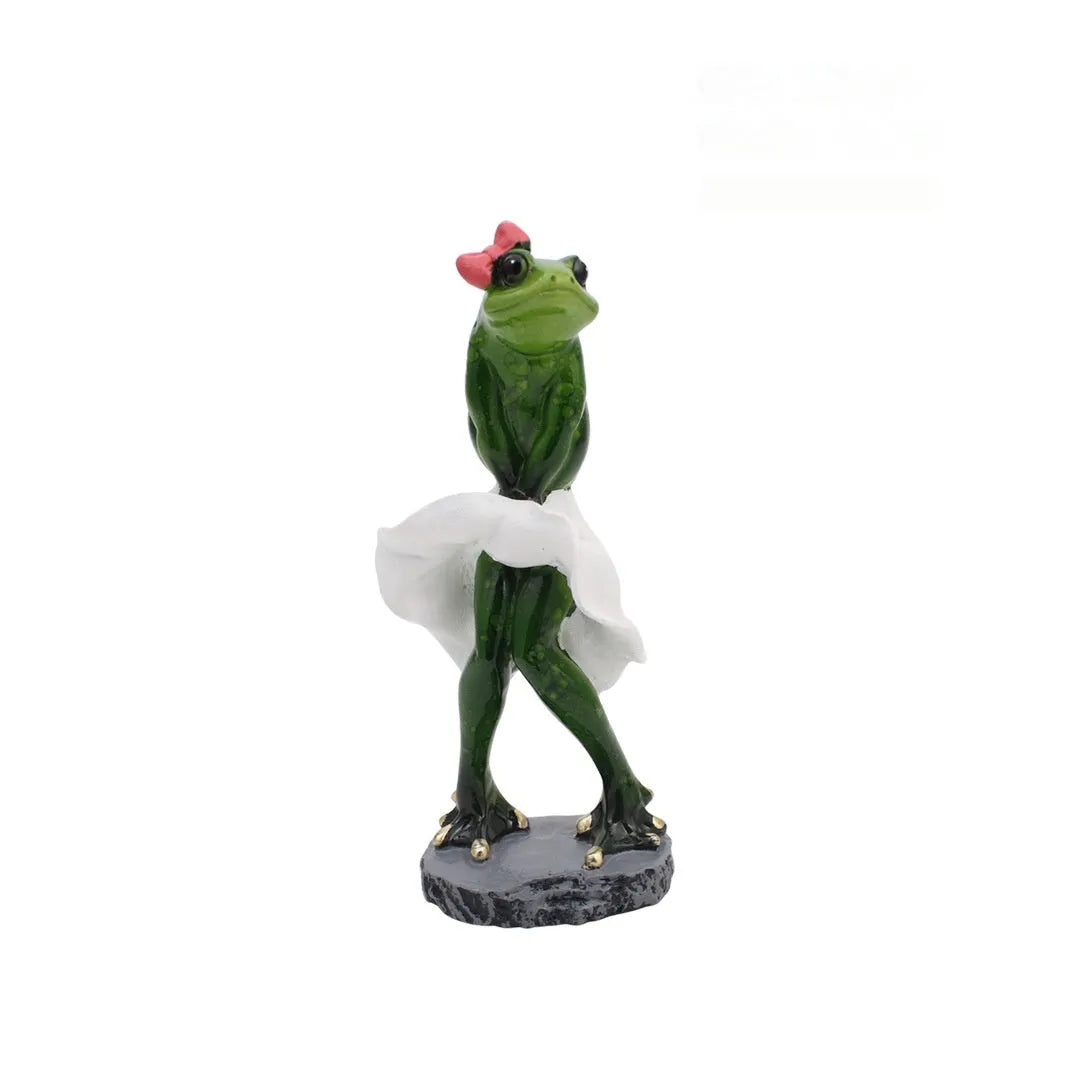 Pastoral style synthetic resin frog sculpture decoration for home interiors.