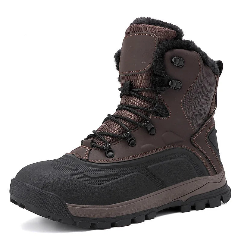 Men's black fleece-lined high-top boots with velvet interior and lace-up front closure