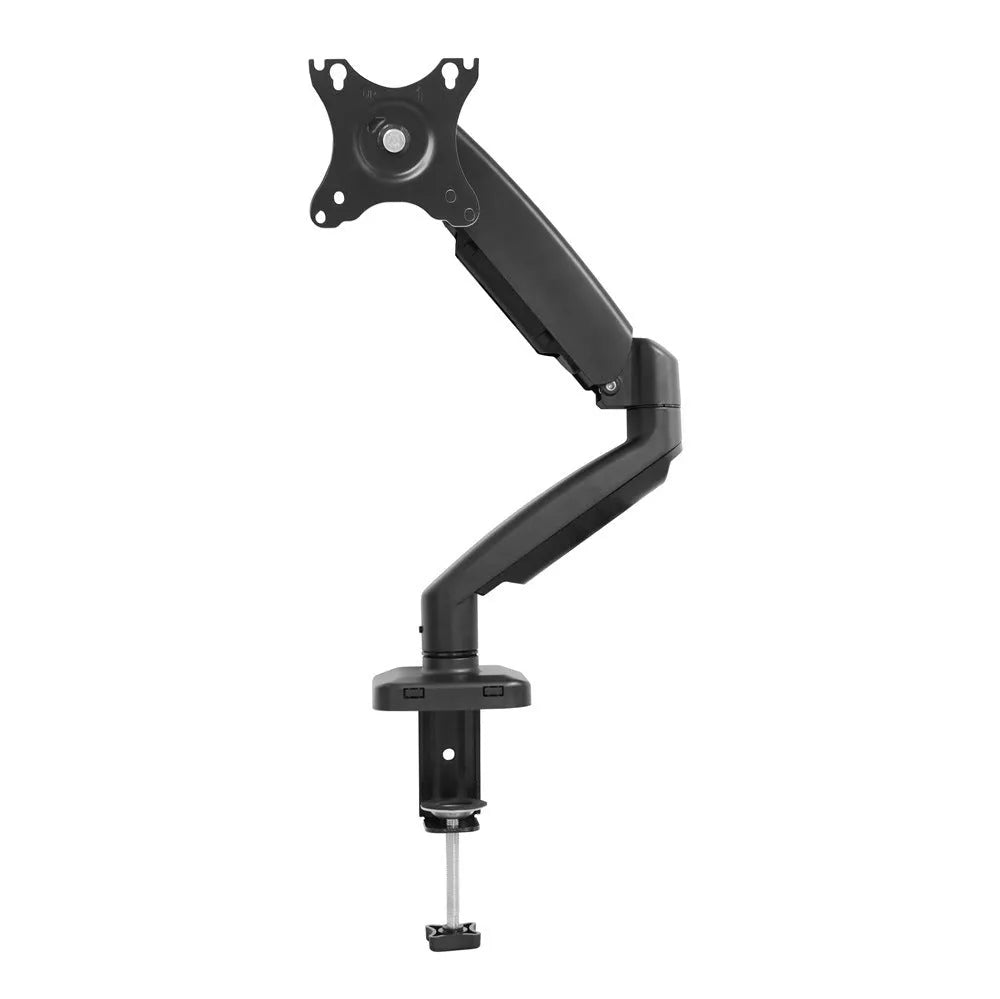 Black rotating telescopic LCD screen bracket on table with adjustable height and swivel features