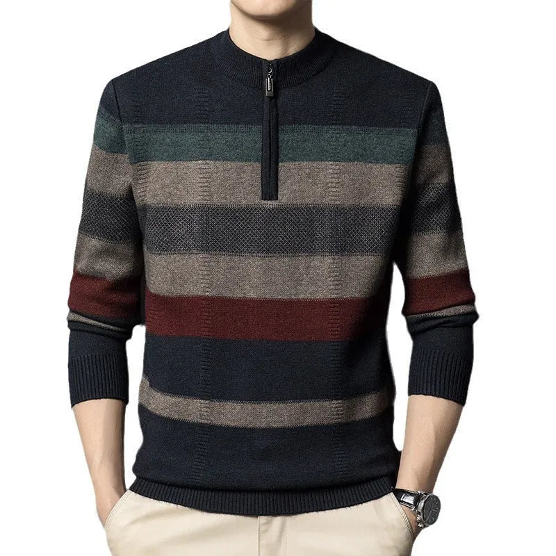 Men's contrasting striped pure wool knitted sweater in dark gray, slim fit pullover style, long sleeves