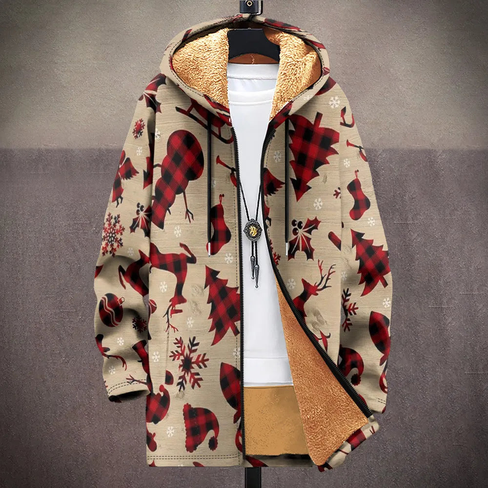 Man wearing a multicolour digitally printed hooded cardigan with a full-length front zip