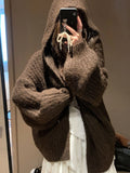Women's dark grey retro Maillard hooded sweater cardigan with loose fit.