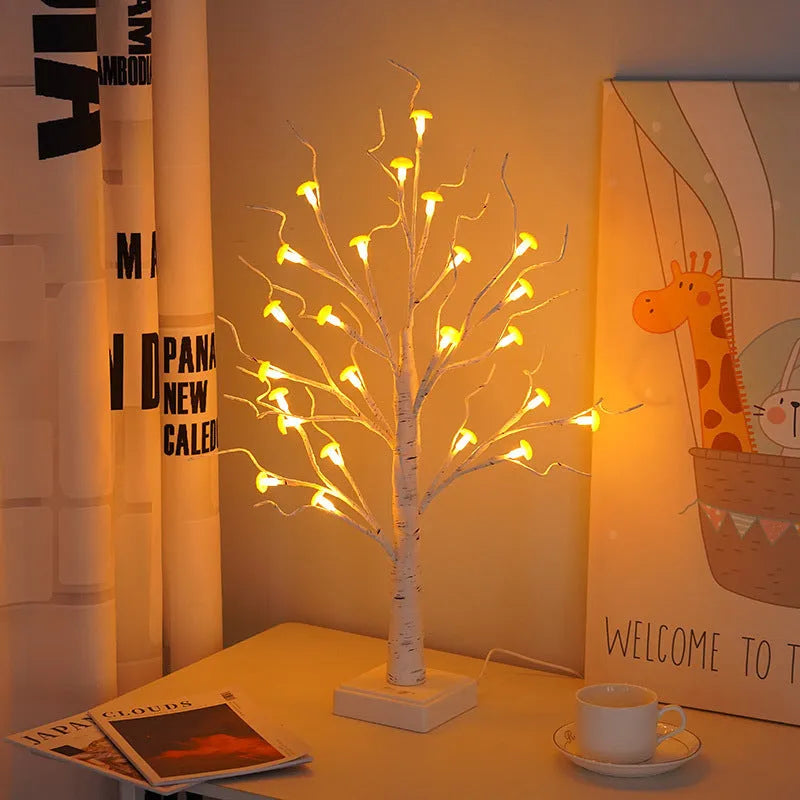 60cm tall plastic Mushroom Tree LED lamp with birch base and 24 small detachable flowers.