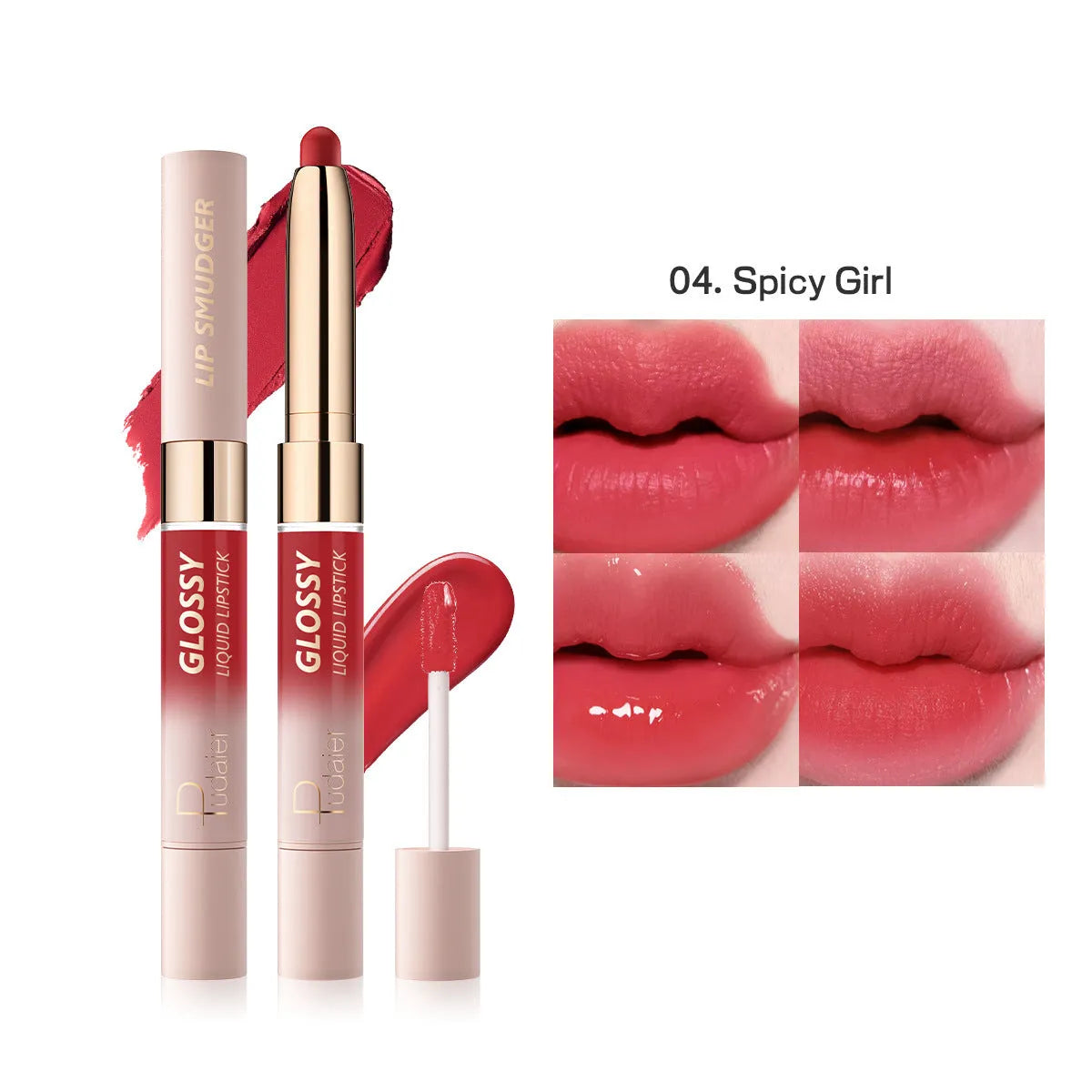 Double-headed lipstick lip gloss showing two matte colour ends with ten shade options from 01 to 10
