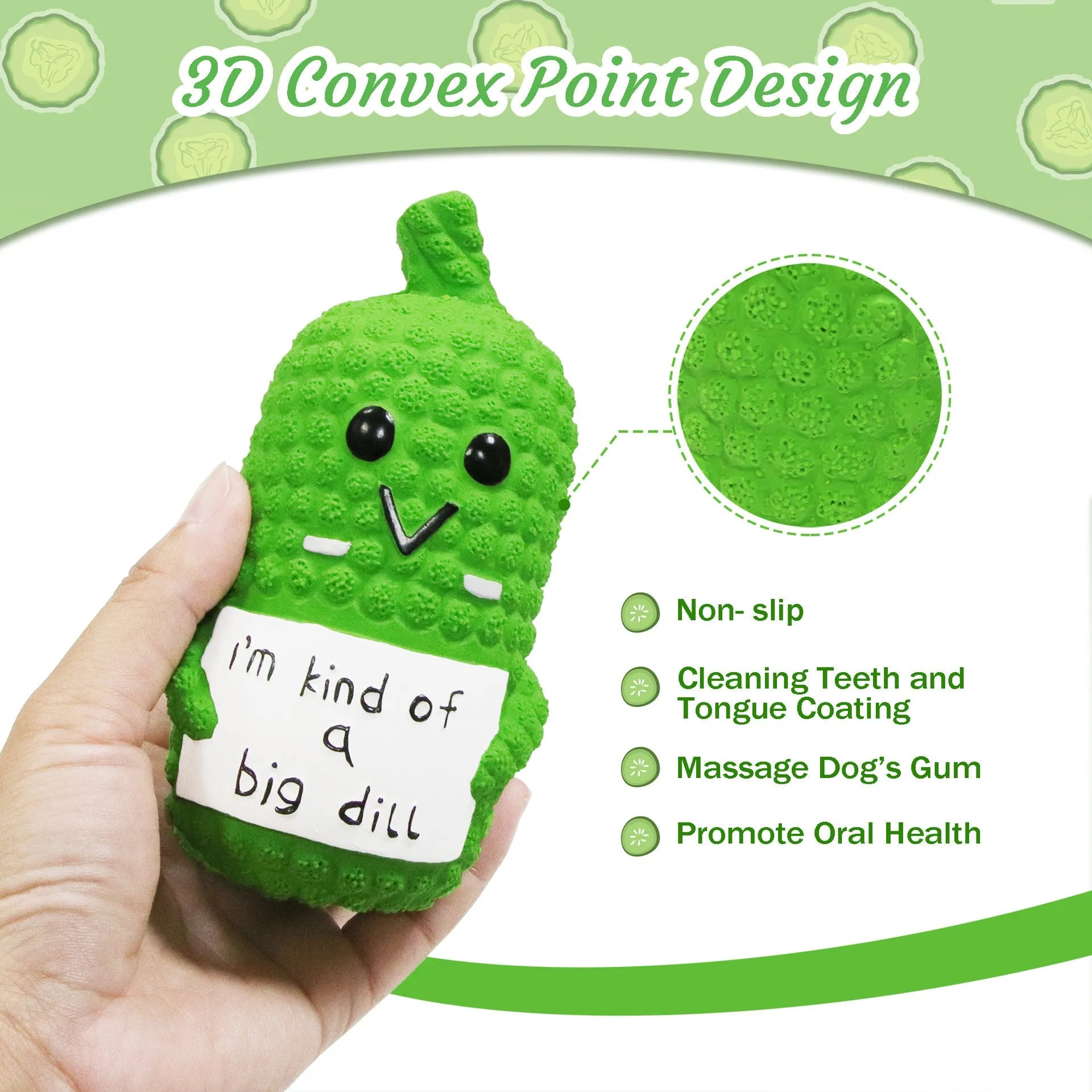 Green latex pickle squeaky dog toy with textured exterior for teeth cleaning