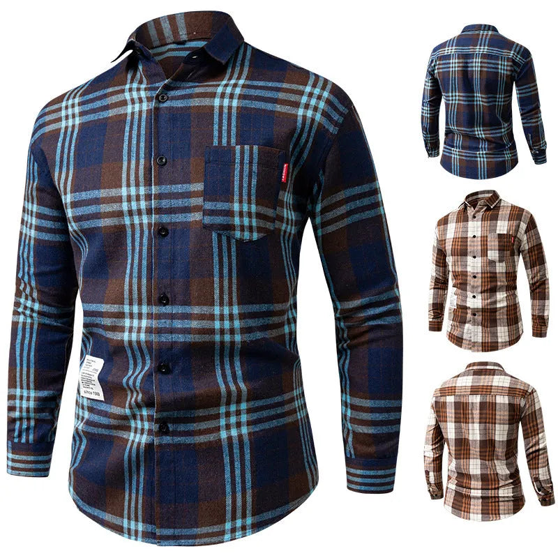 Men's long-sleeved plaid casual Korean-style versatile top shirt cardigan, loose fit, brown grid, polyester