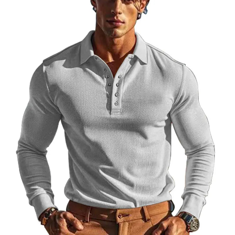 American men's waffle polo collar button long sleeve slim-fit T-shirt in solid colour white on model