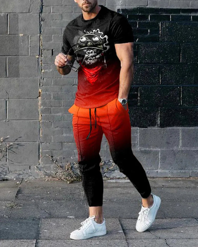 Men's short sleeve round neck T-shirt and matching trousers set in a light grey colour.