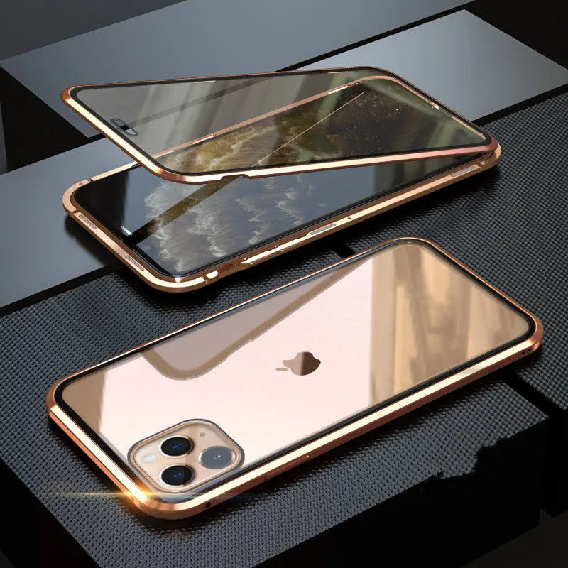 Black glass anti-spy clamshell privacy case for iPhone, shown open and closed.