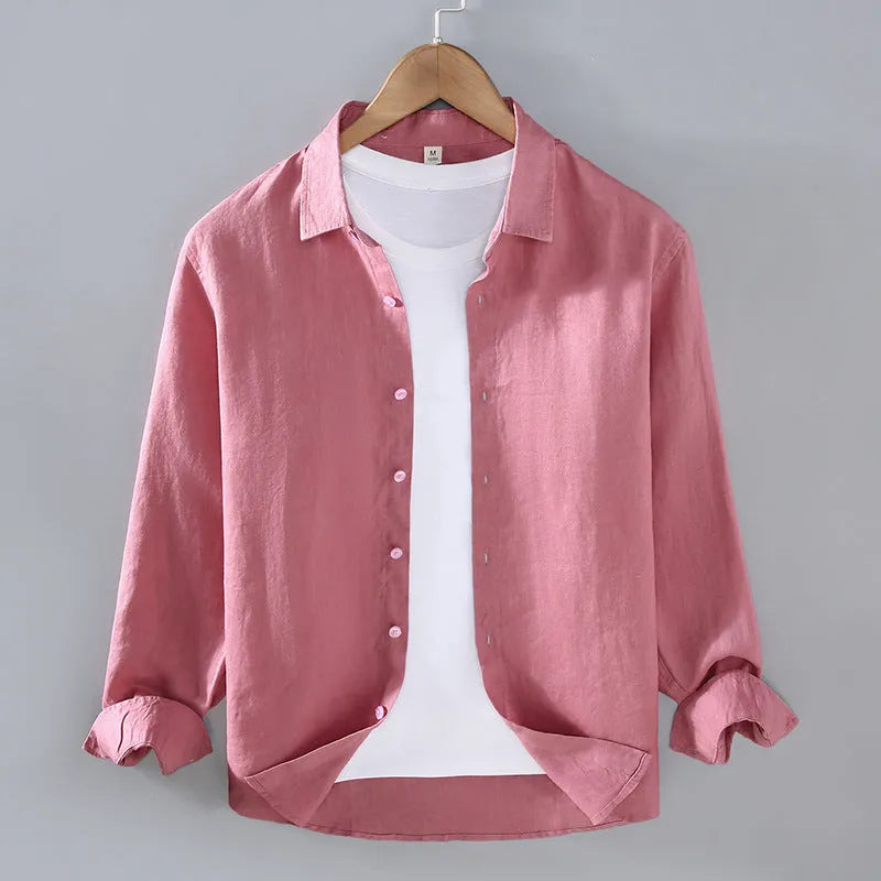 Men's pure linen long sleeve shirt in cardigan style, shown in a solid colour.
