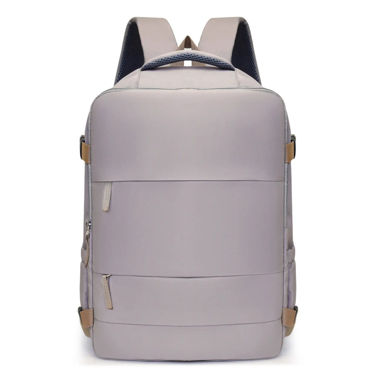 Women's lightweight waterproof solid colour travel backpack in grey with curved shoulder straps and stitching detail