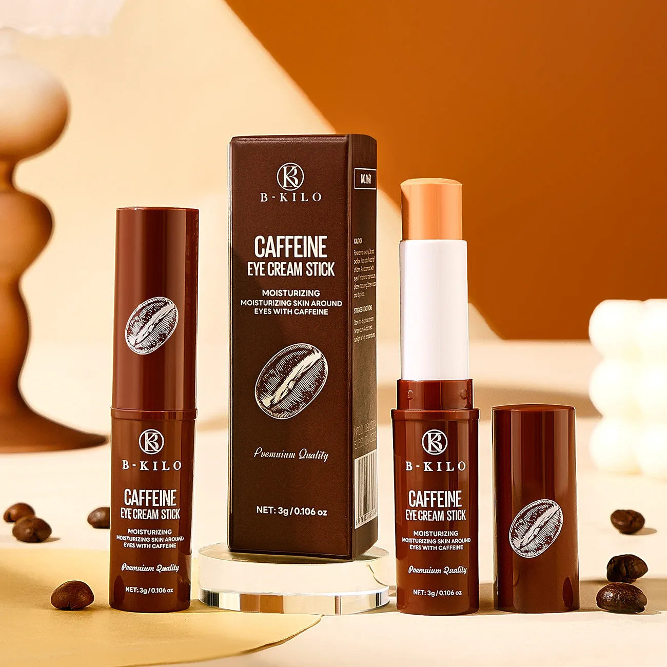Caffeine eye cream stick in solid 3g format for under-eye hydration and treatment